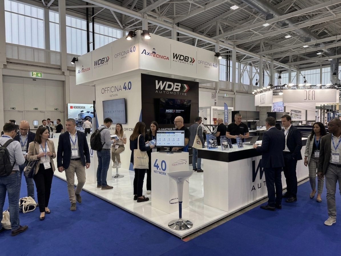 Lo stand WDB Automotive ad Autopromotec 2025, con le insegne WDB Automotive, Officina 4.0 e Axitecnica e i visitatori alle postazioni dimostrative